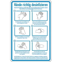 Hinweisschild, Hände richtig desinfizieren, 300 x 200 mm - DIN EN 1500 - 200x300 mm Folie selbstklebend