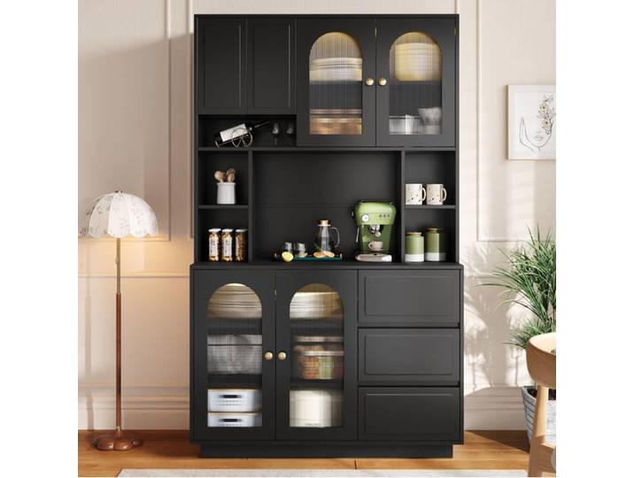 WOVREO Buffet de cuisine haut noir en MDF portes en acrylique arquées LED APP 3 tiroirs