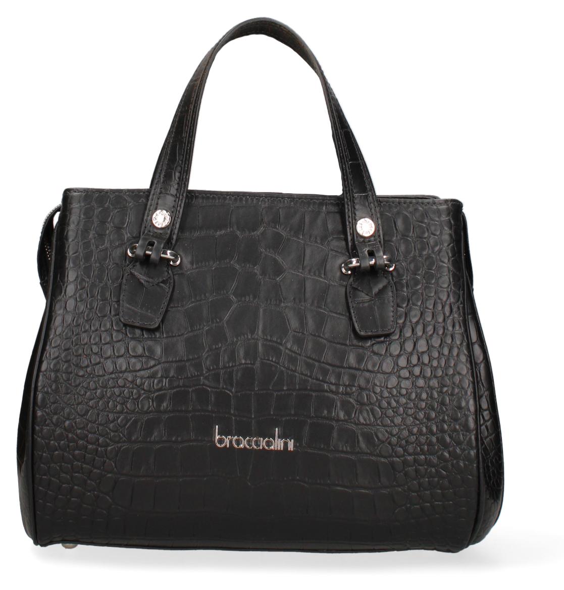Schwarze Ledertasche von Braccialini mit Reißverschluss und abnehmbarer Schulterriemen