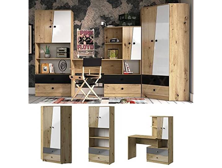 QMM Jugendzimmer Kinderzimmer komplett Neo Set A Schrank Schreibtisch Regale (Grau-Matt)
