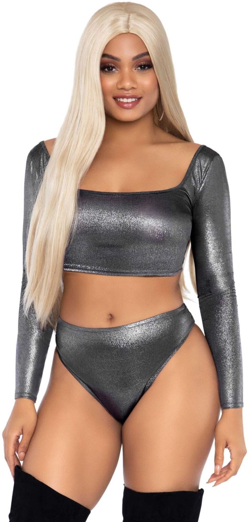 Leg Avenue Top court métallisé et culotte taille haute Silver