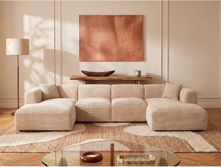 Große Wohnlandschaft als modulierbares Ecksofa aus Feincord in Beige von Maison Céphy POGNI