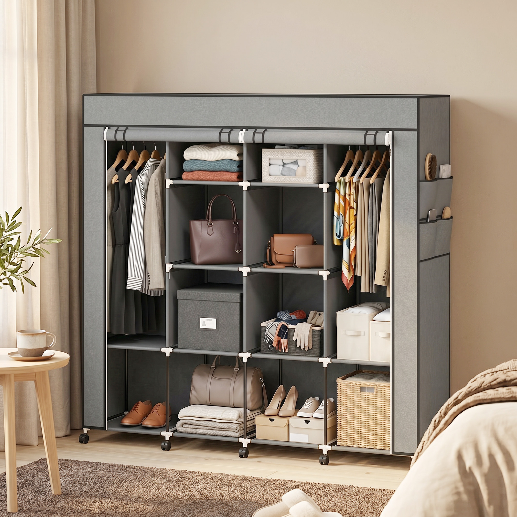 Homcom Armadio Portatile in Tessuto non Tessuto e Acciaio con Ruote, 10 Scomparti e 2 Barre Appendiabiti, Grigio Scuro   Aosom Italy