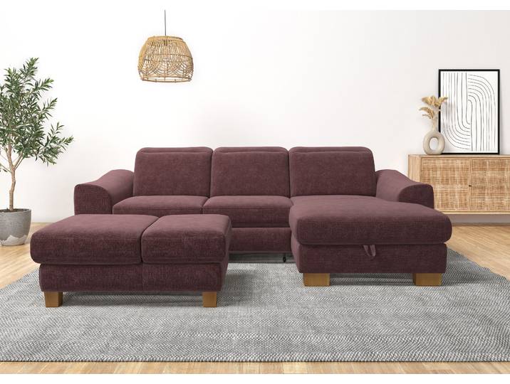 Ecksofa, Webstoff, Lila 264×170 cm, Mit Bettfunktion & Kopfteilverstellung, Modern, Home-affaire