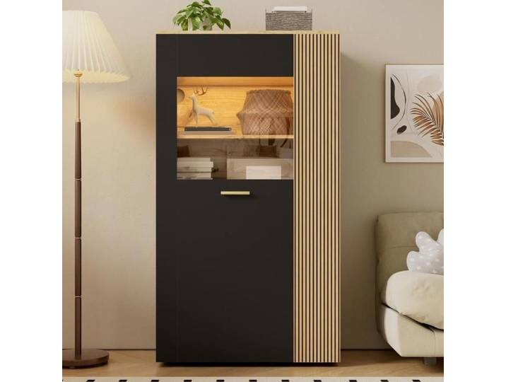 Vitrine - KOMHTOM - 80x40x146 cm - LED 16 couleurs - Étagères réglables - Portes vitrées