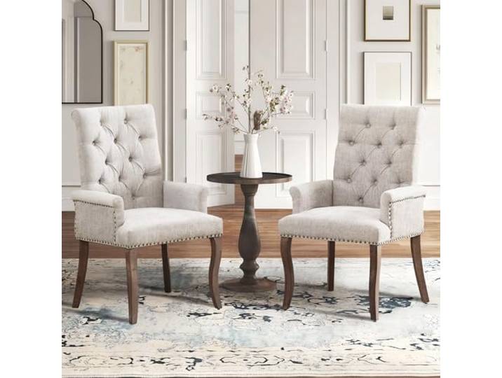 SoarFlash 2er Set Chenille-Sessel Beige, Modernes Knopftuft-Design Weiches strapazierfähiges Chenille-Gewebe, stabile Massivholzbeine. Eleganter Stil für Wohn-, Ess- und Schlafzimmer.