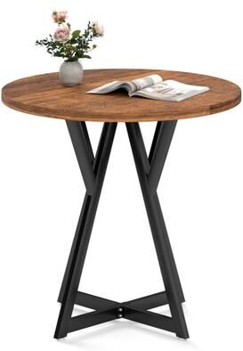 Costway 36 Inch Round Dining Table with Metal Pedestal Base-Rustic Brown