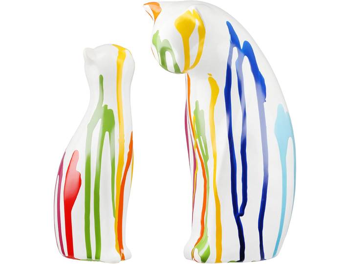 Skulptur GILDE 2tlg. Set Figur Katze Colori weiss , bunt (weiß), B:14cm H:22cm T:8cm, Keramik, Dekofiguren, Skulptur, Tierfigur Wohnaccessoire Designkatze jugendliche farbenfrohe Deko
