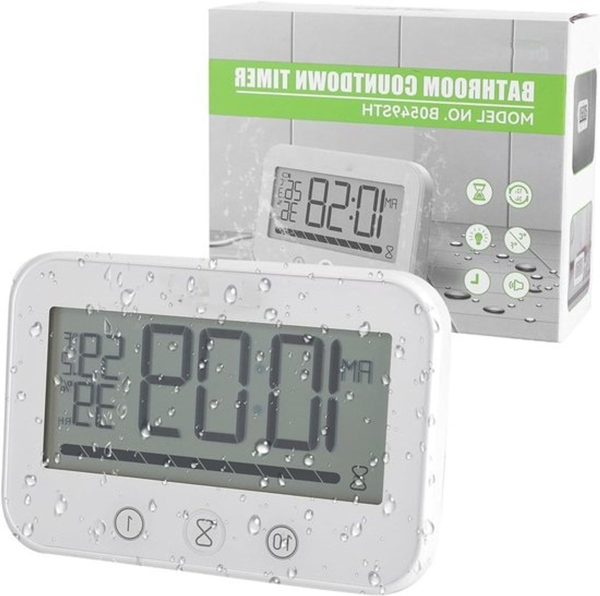 Waterdichte digitale badklok met temperatuur- en vochtigheidsmeter en alarmfunctie voor badkamer en keuken
