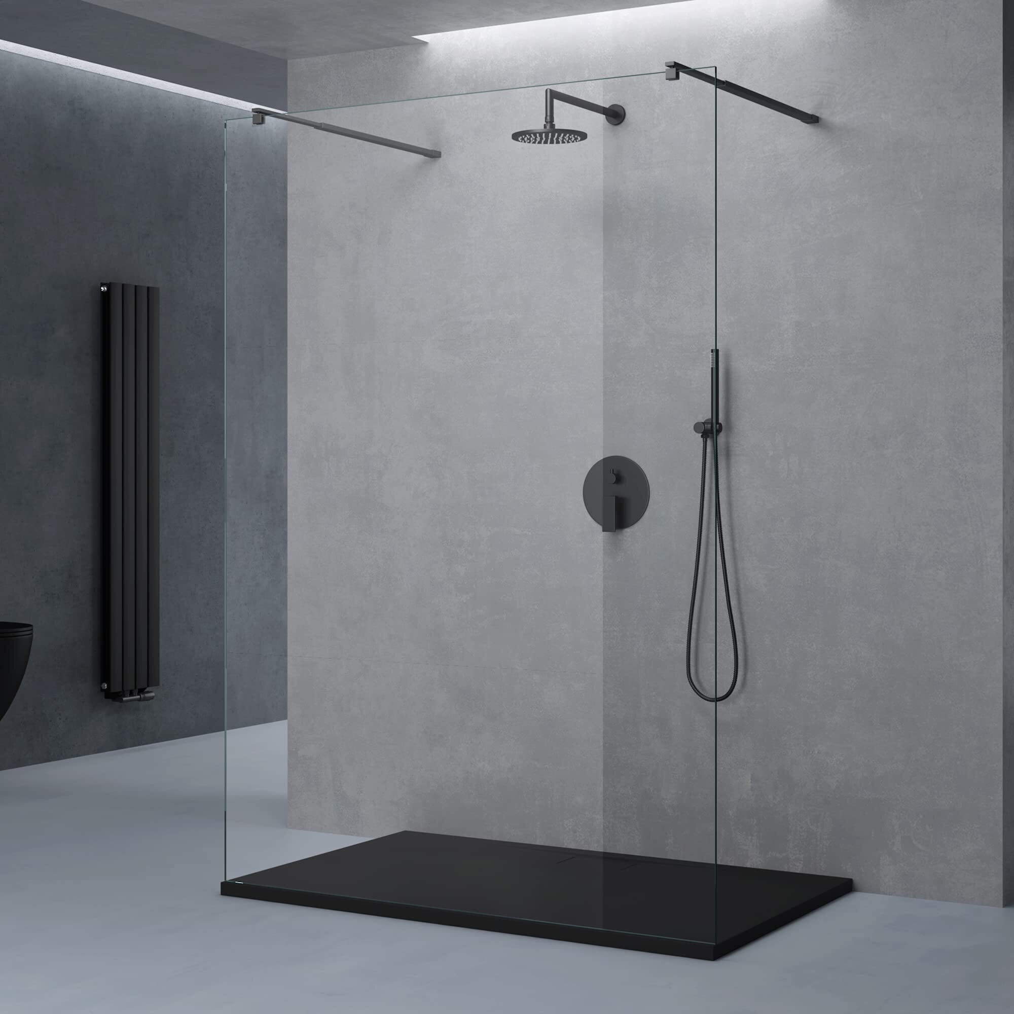 doporro Duschwand Duschtrennwand 140x200 Walk-In Dusche schwarz mit Doppel-Stabilisator aus Echtglas 8mm ESG-Sicherheitsglas Klarglas