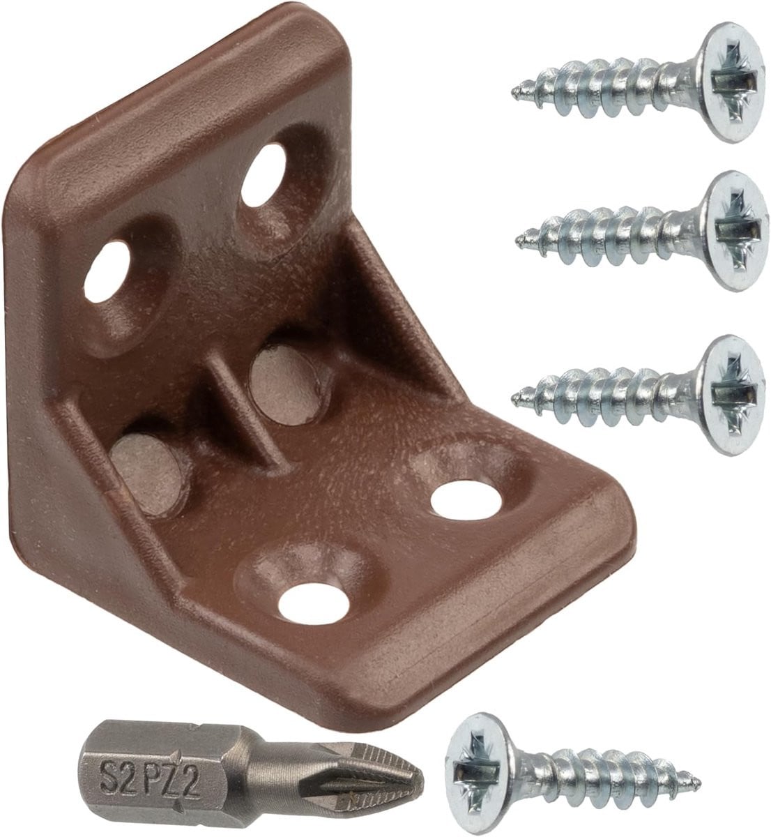 Set van 24 bruine meubelverstevigers met schroeven en hoekbeugels van 26 mm