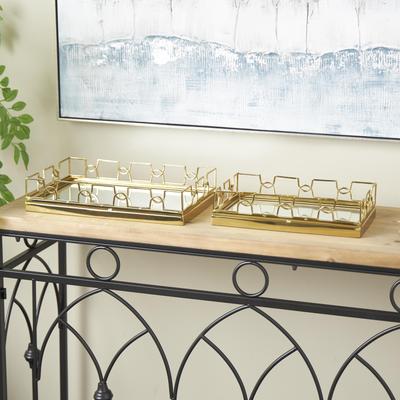 ARCILLA ELEMENTAL Gold Stainless Steel Metal Mirrored Geometric Living Room Decor Tray with Wire Rod Frame and Mirrored Glass Interior (Set of 2)