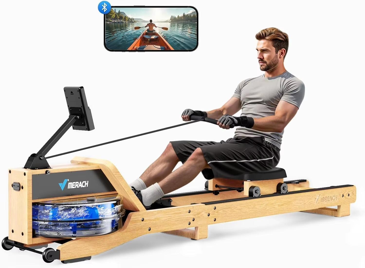 Wasser-Rudergerät - Klappbar - Wasserwiderstand - Einstellbarer Widerstand - Bluetooth und App - LCD-Monitor - Roteiche
