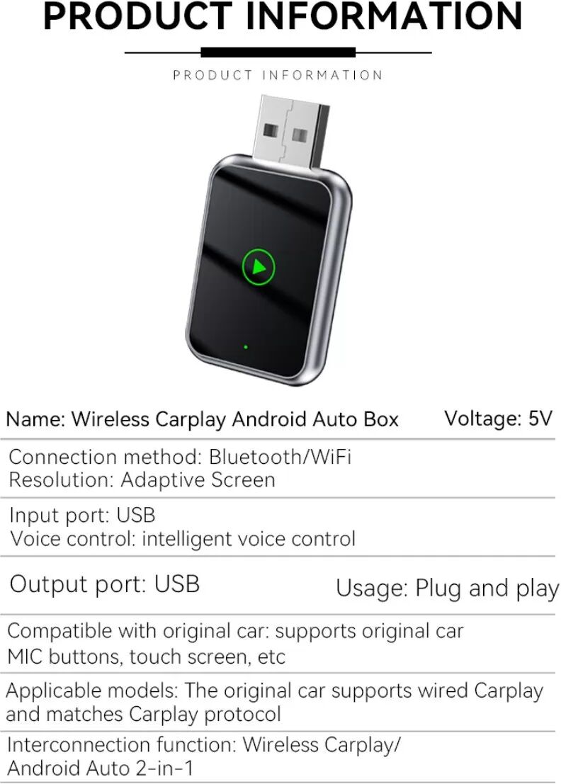 INF Adaptateur Sans Fil Intelligent Carplay & Android Auto - Clé USB 2-en-1 Argent