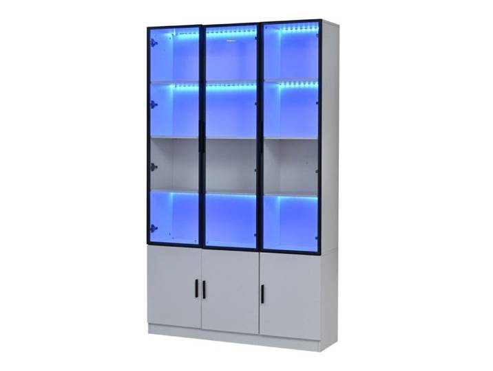 Vitrine 120x32x200 cm sur pied 6 portes meuble haut salon blanc vitrine verre avec éclairage LED meuble multifonctionnel