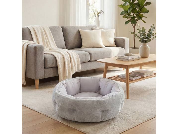 PawHut Lit Rond Réversible Chat Chien Intérieur Gris Clair