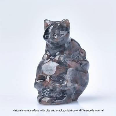 Lush Living Finds Natural Crystal Skull Cat Figurine, Hand Carved For Halloween Decor & Gift Ideas flame Stone
