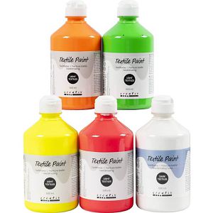 Creativ-Company Stoffmalfarben Textilfarbe, Neonfarben, 5 Farben, für helle Textilien, waschfest bis 40°C, 5x 500ml