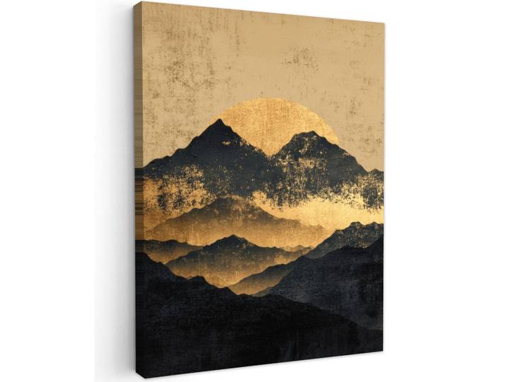 MuchoWow Leinwandbild - Goldene Berge bei Mondschein - 60x80 - Gemälde, Goldfarben, Textil, Kiefer, Abstrakt, Rechteckig, 60x80 cm, gerahmt, Bilder & Rahmen, Bilder, Wandbilder