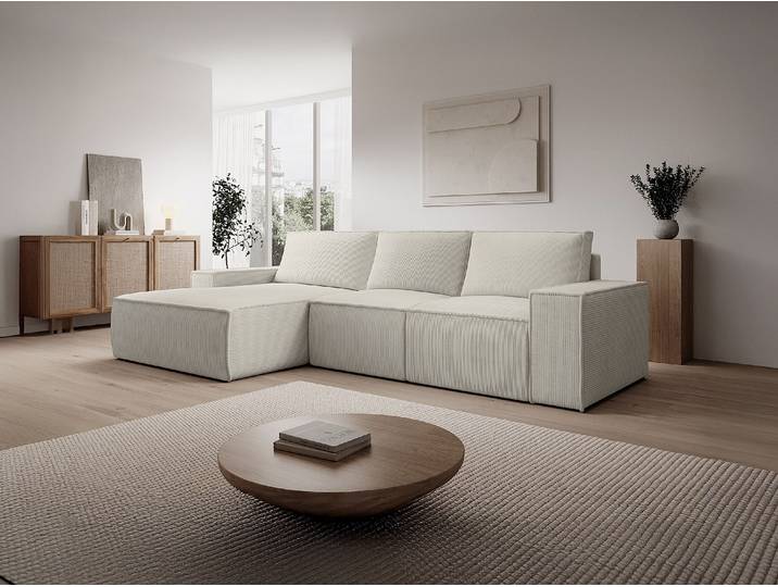 Großes Ecksofa mit Schlaffunktion - Ecke links - Cord - Beige - AMELIA