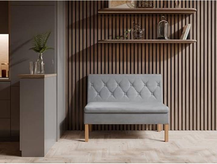 JKG Meble Essbank fur Kuche - Sitzbank Esszimmer mit Aufbewahrungsbehälter - Modern Essbank Küche - Stoff Velours - gepolsterte Rückenlehne - Grau - Monolith 84-120cm