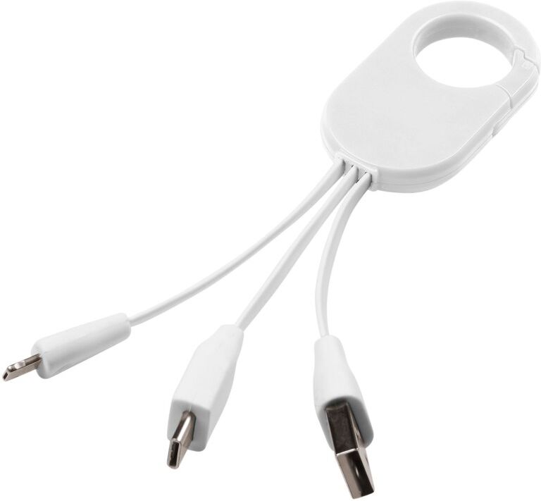 Câble de recharge 3-en-1 publicitaire avec mousqueton Troop blanc