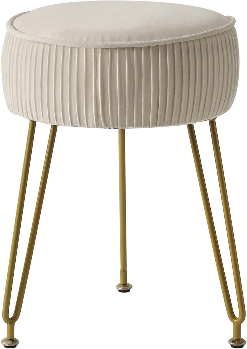 IBUYKE Velvet Ronde Voetenbank Ottoman met Gouden Stalen Poten, Crème Wit