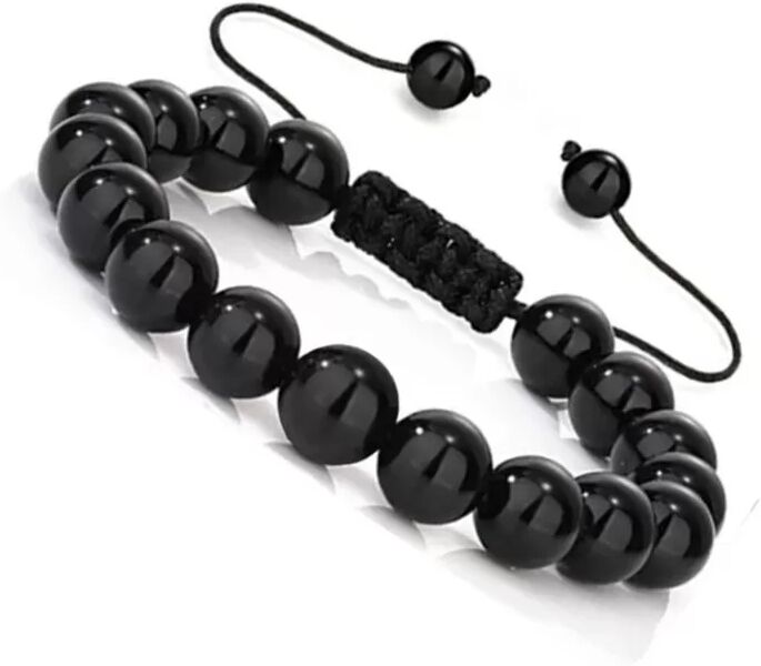 INF 10mm Schwarzer Obsidian Geflochtenes Armband - Verstellbares, handgefertigtes Perlenarmband