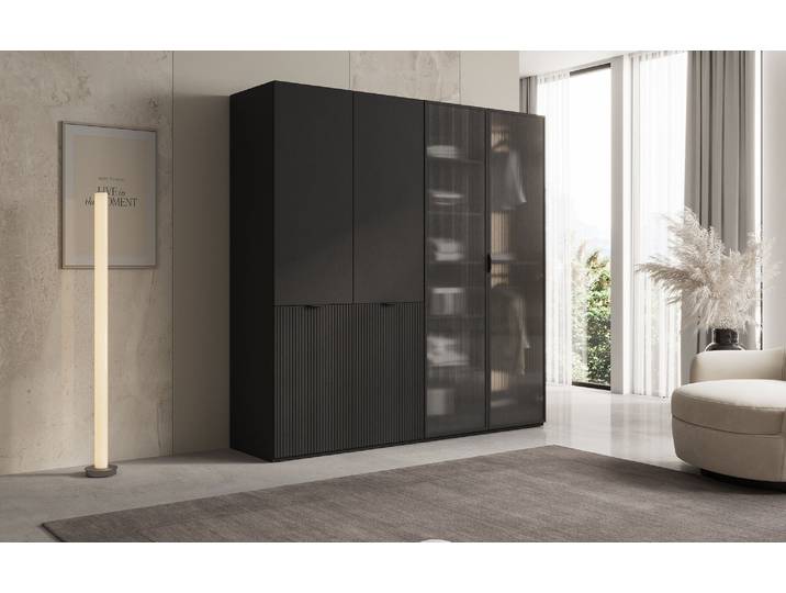 Moduro Ravo – Modularer Kleiderschrank mit geriffelter Glasfront und Strukturpaneel - Schwarz - Luxusbetten24