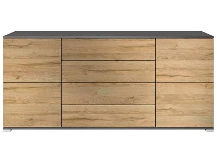 Vladon Sideboard Rova V2, Kommode mit 4 Türen und 4 Schubladen, Anthrazit matt/Eiche Natur (166,5 x 75,5 x 35)