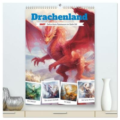 Drachenland. Gefürchtete Fabelwesen im Gotik-Stil (hochwertiger Premium Wandkalender 2027 DIN A2 hoch), Kunstdruck in Hochglanz