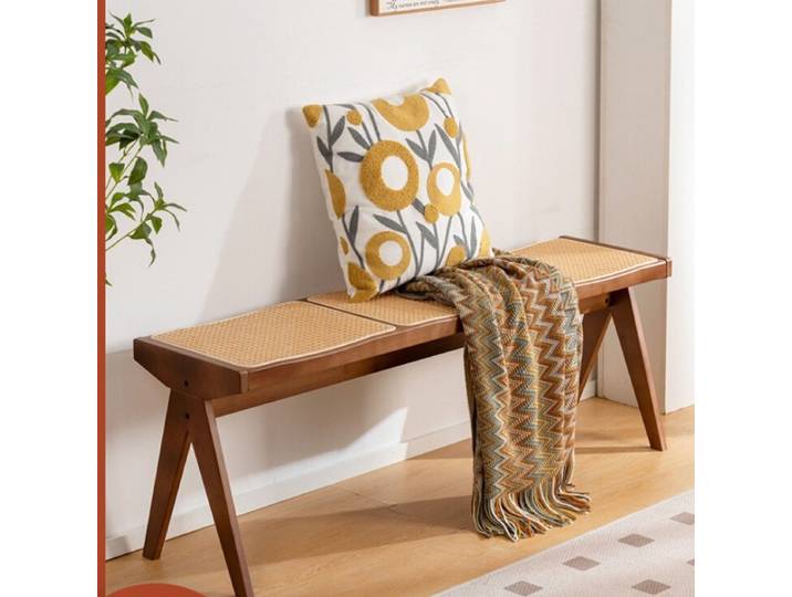 Banc en rotin style Chandigarh, banc trois places, tabouret rétro Wabi Silent Wind pour entrée, tabouret de salle à manger domestique