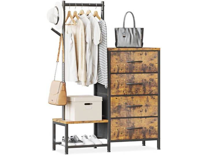 Commode 4 tiroirs en tissu - porte-vêtements étagère à chaussures et porte-manteaux intégrés cadre en acier 3-en-1