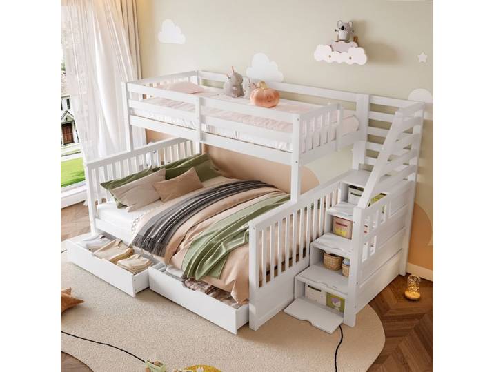 Lit Superposé 90x200 et 140x200 - Lit Superposé Multifonction avec Tiroirs et Barrières de Sécurité - Bois MDF et Pin - Blanc