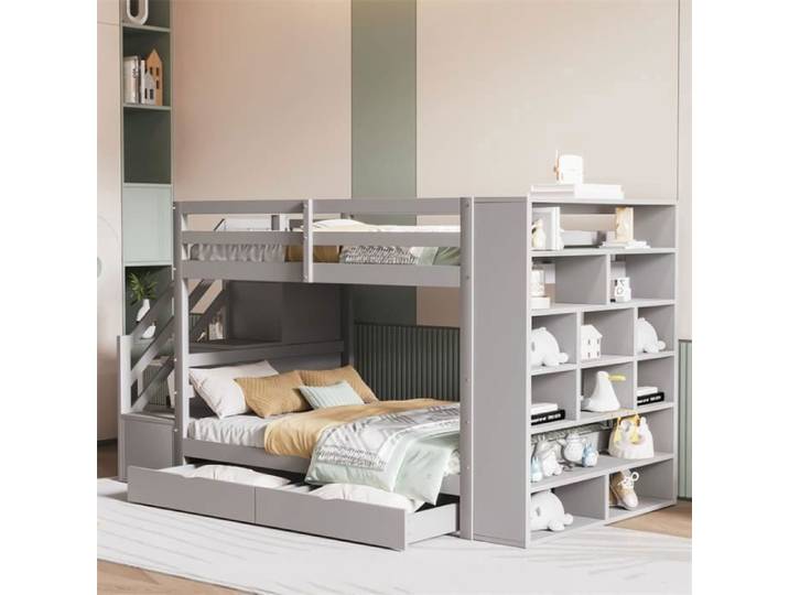 Lit superposé - DREAMMESPACE - 90x200cm - Pin Gris - 2 tiroirs - Escalier de rangement