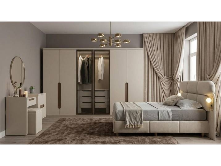 Xlmoebel Schlafzimmer-Set Beige Schlafzimmer Set mit Textilbett und Designer-Kommode, (Schlafzimmer-Set, 4-tlg., Beige Schlafzimmer-Set mit Bett & Kommode), Made in Europa