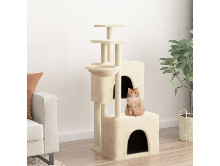 Arbre à chat avec poteaux à gratter en sisal crème, arbre à chat multi-niveaux de 122 cm avec poteau à gratter, maison pour chat, hamac, tapis