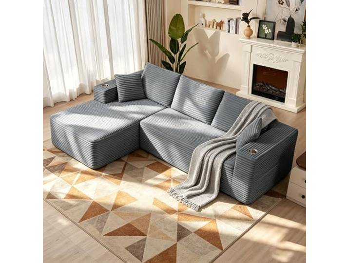 Scisola Modulares Schlafsofa 261cm/102” L-förmiges rahmenloses Sofa mit Chaiselongue, Cloud Couch ohne Knochen mit 2 Getränkehaltern, Schaumstoff Sofas für Wohnzimmer, Schlafzimmer, Dunkelgrau