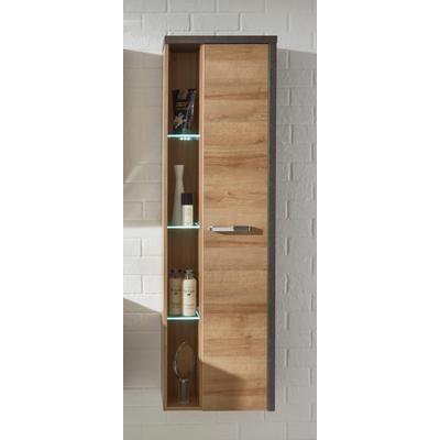 Hochschrank WELLTIME "Bilbao", braun (beton optik, eiche riviera honig), B:48cm H:160cm T:31cm, FSC-zertifizierter Holzwerkstoff, Schränke, Hochschrank, Hänge-Badschrank mit innen verspiegelter Tür und 3 Glasböden