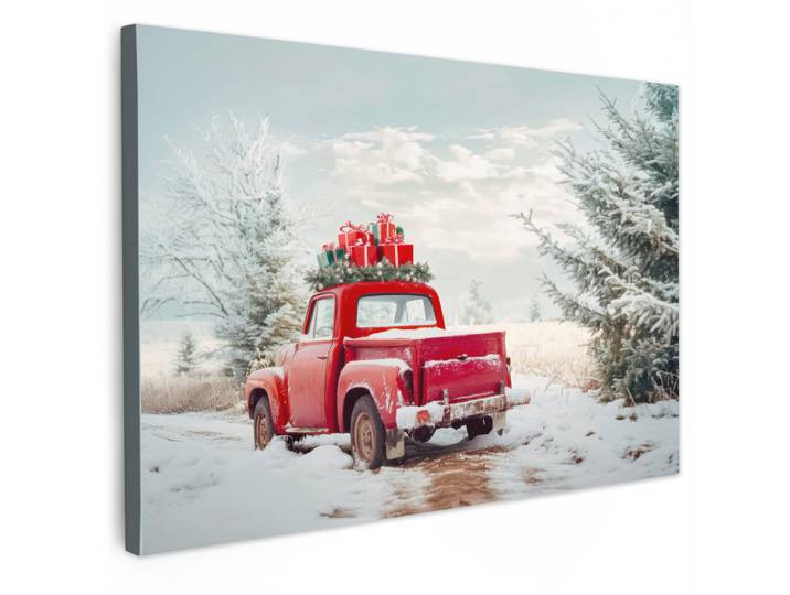MuchoWow Leinwandbild Auto - Rot - Geschenke - Winter - Schnee - Weihnachten Wohnzimmer Groß 120x80 cm, Kiefer, Abstrakt, Rechteckig, 120x80 cm, gerahmt, Bilder & Rahmen, Bilder, Leinwandbilder
