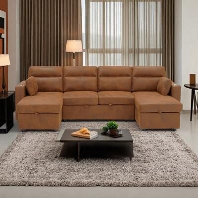 Convertible Pull-Out Sleeper Sectional Sofa with Storage Chaise and Cup Holders