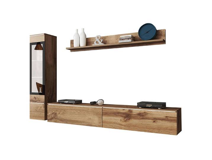Feldmann-Wohnen Wohnwand Vera, (1 Hängevitrine, 1 Lowboard, 1 Wandregal, 3-St., moderne Optik, 3-teilig, grifflos), 210x33x130cm Wotan Eiche