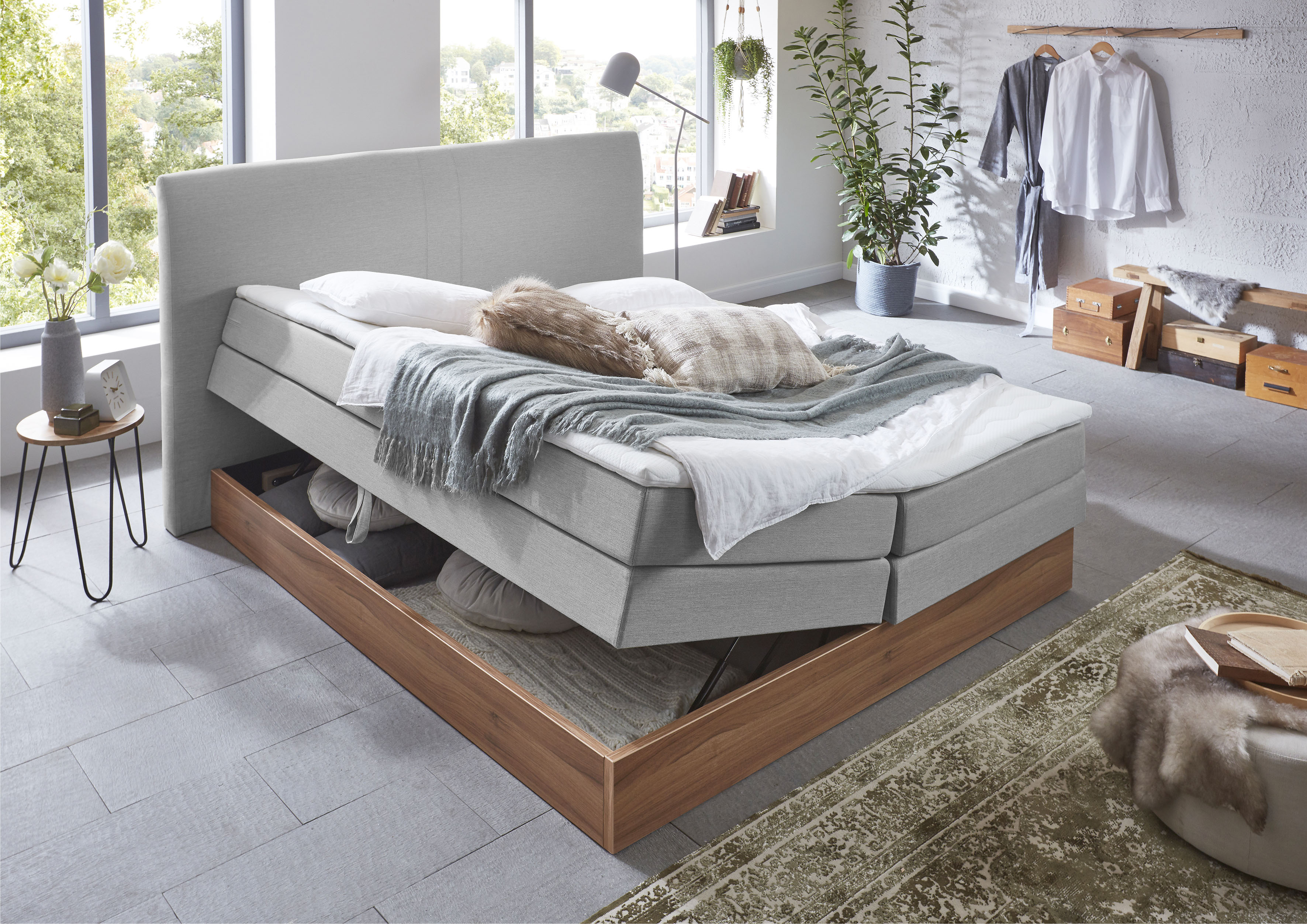Boxspringbett HOME AFFAIRE "Blomen", grau (hellgrau), B:182cm L:224cm, Komplettbetten, Boxspringbett, mit Walnuss-Dekor, mit Bettkasten, verschiedene Härtegrade, mit Topper