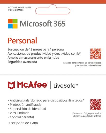 Pack Microsoft Office 365 Personal + Antivirus McAfee LifeSafe, Suscripción 1 año (Formato Físico)