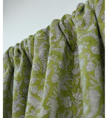 Fabdivine Farmhouse Green Floral Block Print Linen Rod Pocket Window Curtain - Blackforest