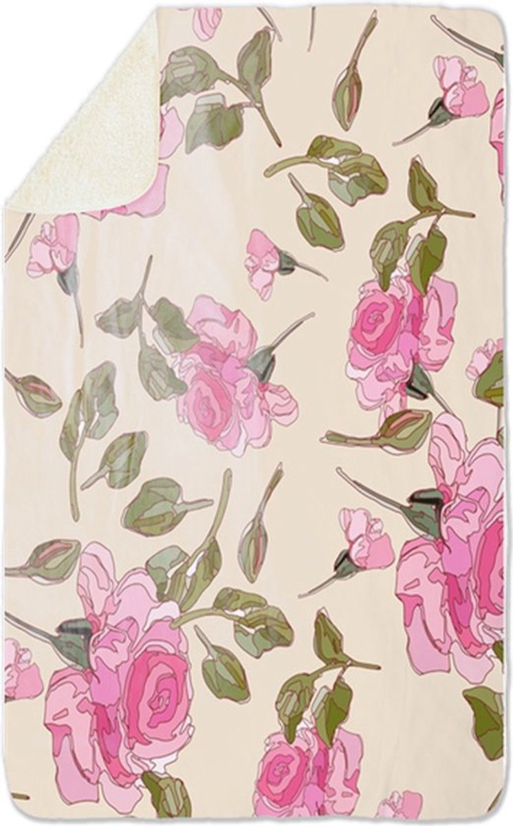 Roze Sherpa Fleecedeken met Bloemenprint, 96 x 146 cm