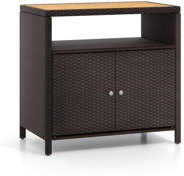 Costway Rattan Storage Cabinet with Acacia Wood Countertop for Poolside Deck and Patio-Brown