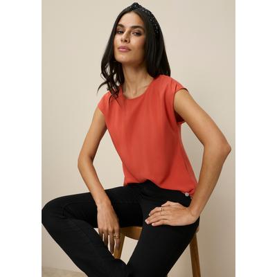 Shirtbluse TAMARIS "aus fließender Viskose-Qualität", Damen, Gr. 46, rot (rostrot), Web, Obermaterial: 100% Viskose, unifarben, figurumspielend hüftbedeckend, Rundhals, Blusen, luftig, leicht für den Sommer