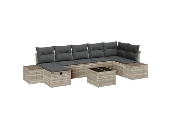GHVBNMF Poly-Rattan Gartenmöbel Set 8-tlg Lounge Hellgrau Modulare Sitzecke für Terrasse und Balkon mit abziehbaren Kissen, stabilem Stahlgestell und praktischem Beistelltisch.