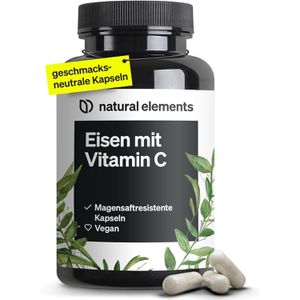 natural-elements Eisen 180 Kapseln, Eisenbisglycinat + Vitamin C, täglich 1 Kapsel = 20 mg